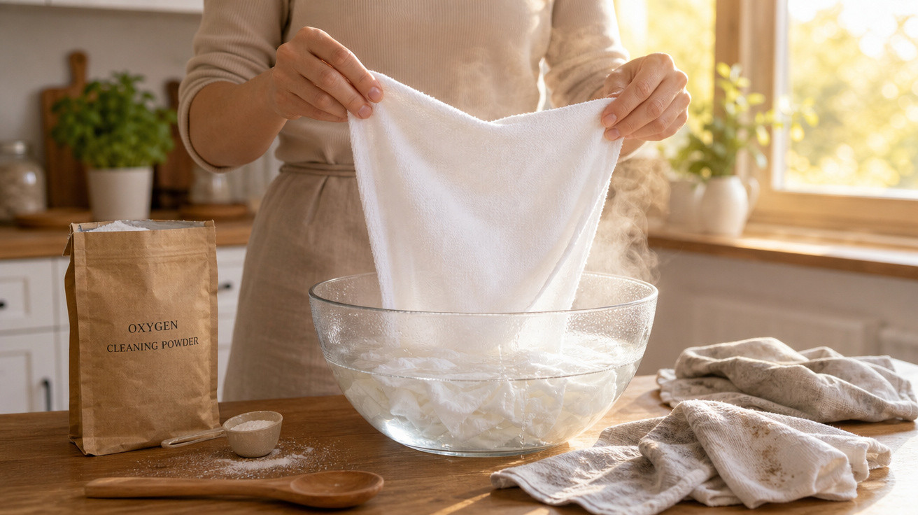 Pessoa mergulhando pano branco em bacia com água quente na cozinha, com saco de pó de limpeza ao lado.