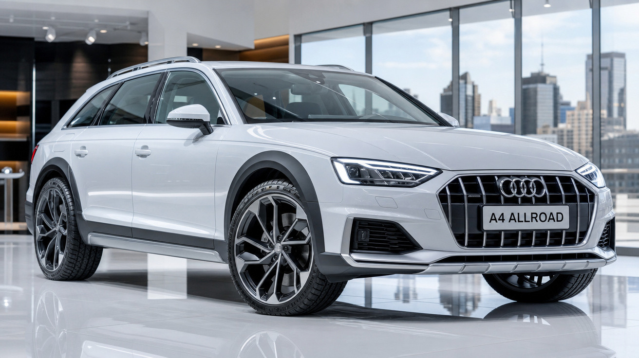 Audi A4 Allroad branco em showroom moderno com janelas e vista urbana ao fundo.