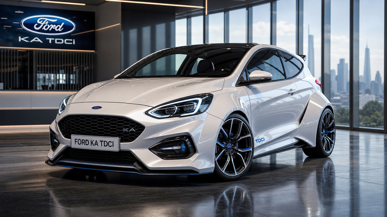Carro Ford Ka TDCi branco estacionado em ambiente interno moderno com grande janela panorâmica ao fundo.