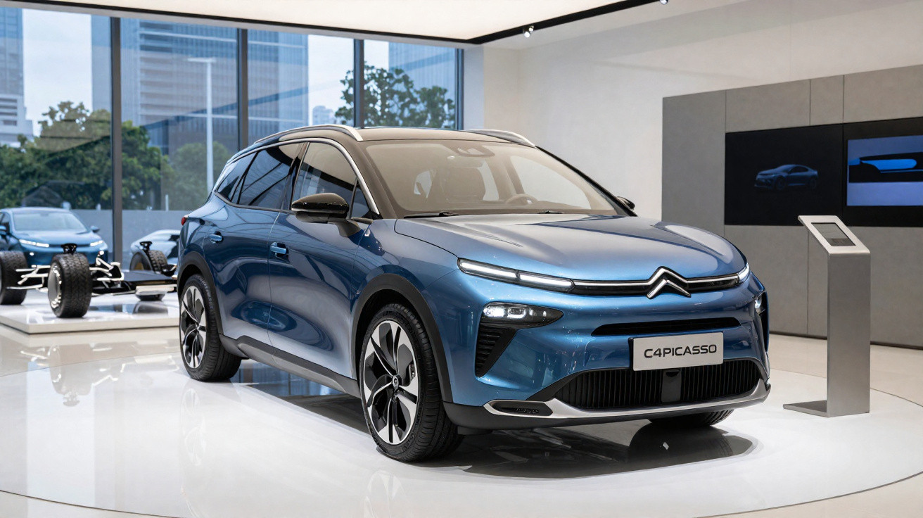 Carro elétrico Citroën C4 Picasso azul exposto em showroom moderno e iluminado.