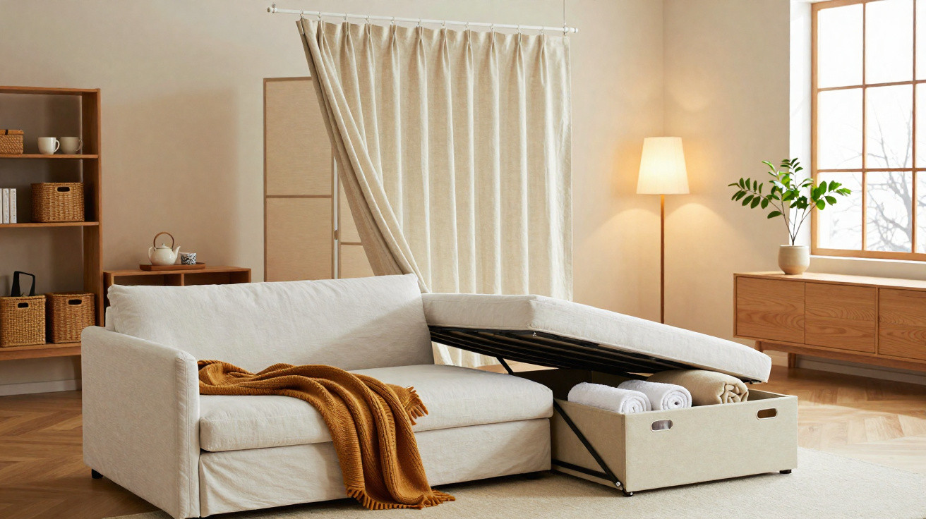 Sofá cama bege aberto em sala clara com manta marrom, cortina, luminária e estante de madeira.