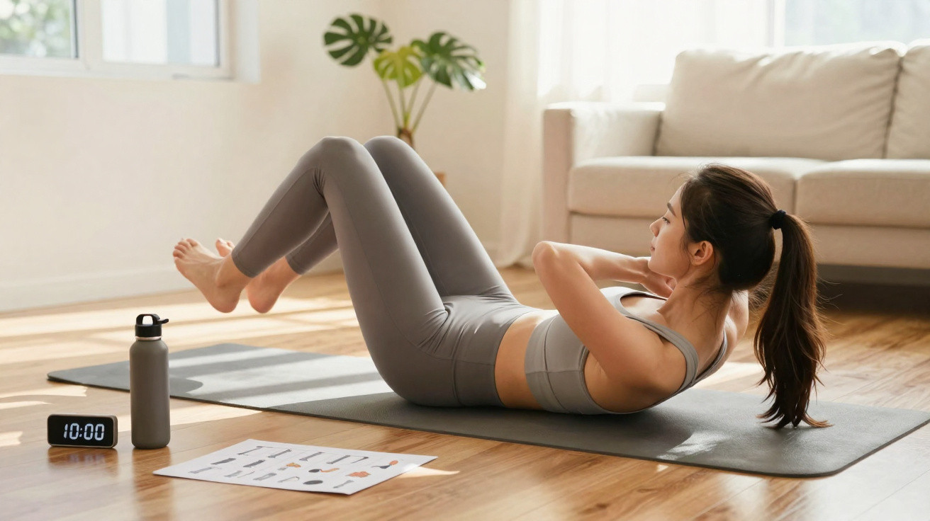 Mulher fazendo abdominal em tapete de yoga na sala com garrafa d'água e cronômetro ao lado.