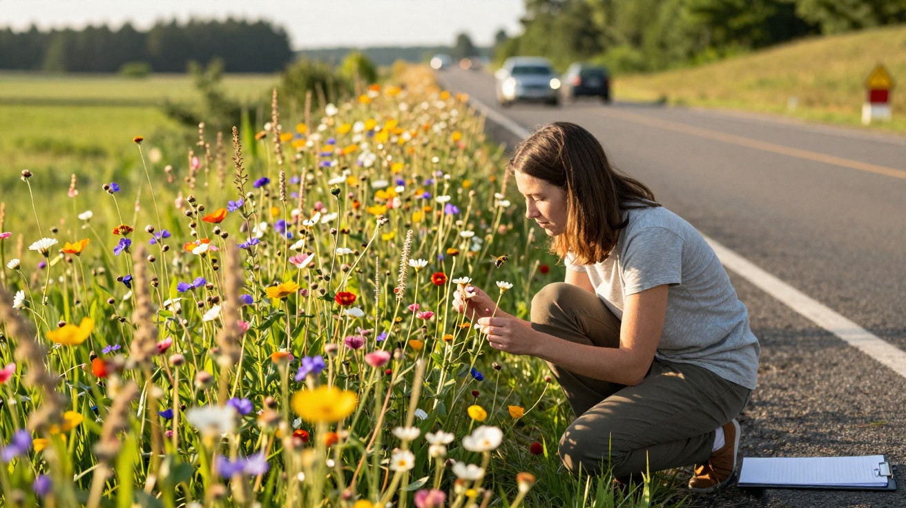 Mulher observa flores coloridas em um canteiro ao lado de estrada com carros ao fundo.