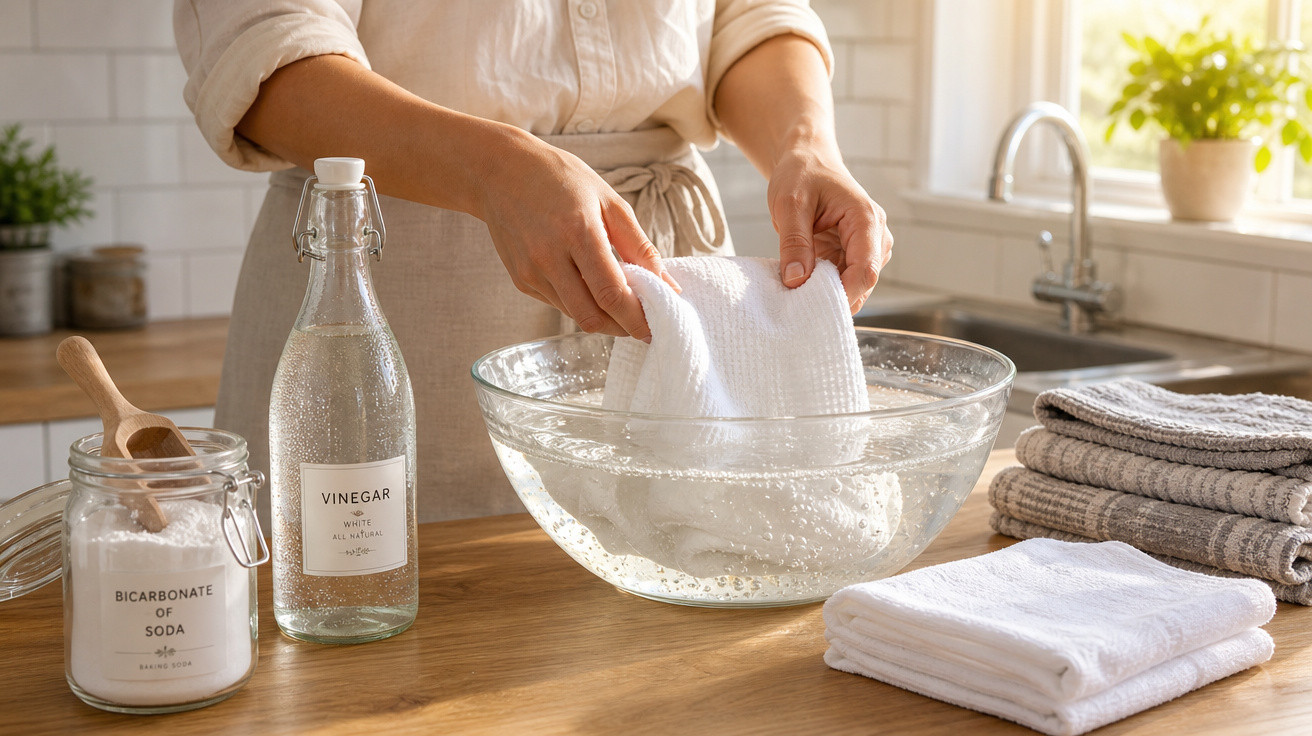 Pessoa lavando pano branco em uma tigela com água, vinagre e bicarbonato de sódio na bancada da cozinha.