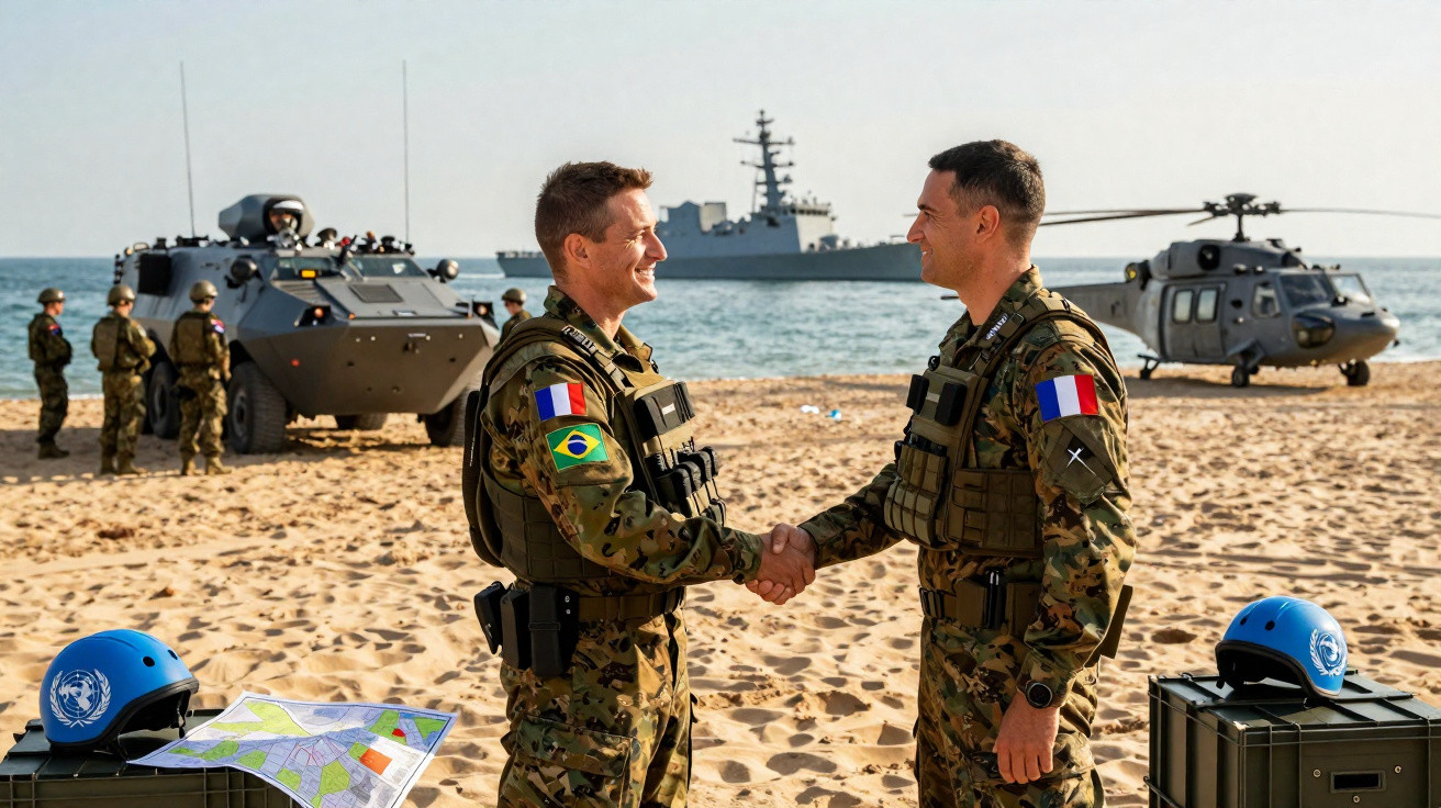 Dois soldados com uniformes militares apertam as mãos em uma praia com veículos militares, navio e helicóptero ao fundo.