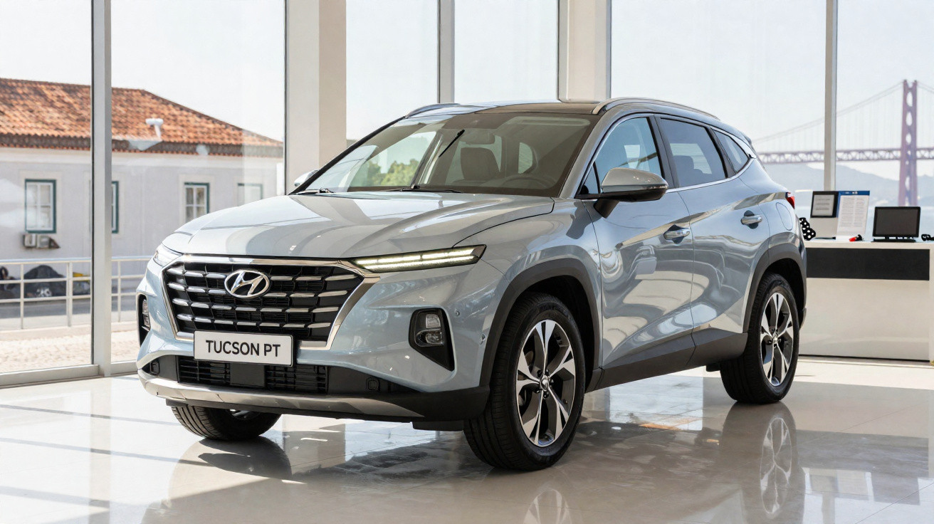 SUV Hyundai Tucson prata em showroom com grande janela ao fundo e piso brilhante refletindo o carro.