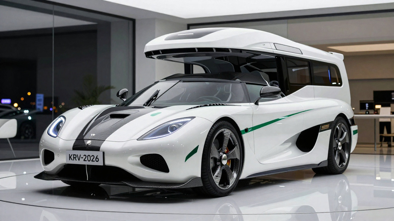 Carro esportivo branco com cabine de trailer acoplada, exibido em ambiente interno moderno.