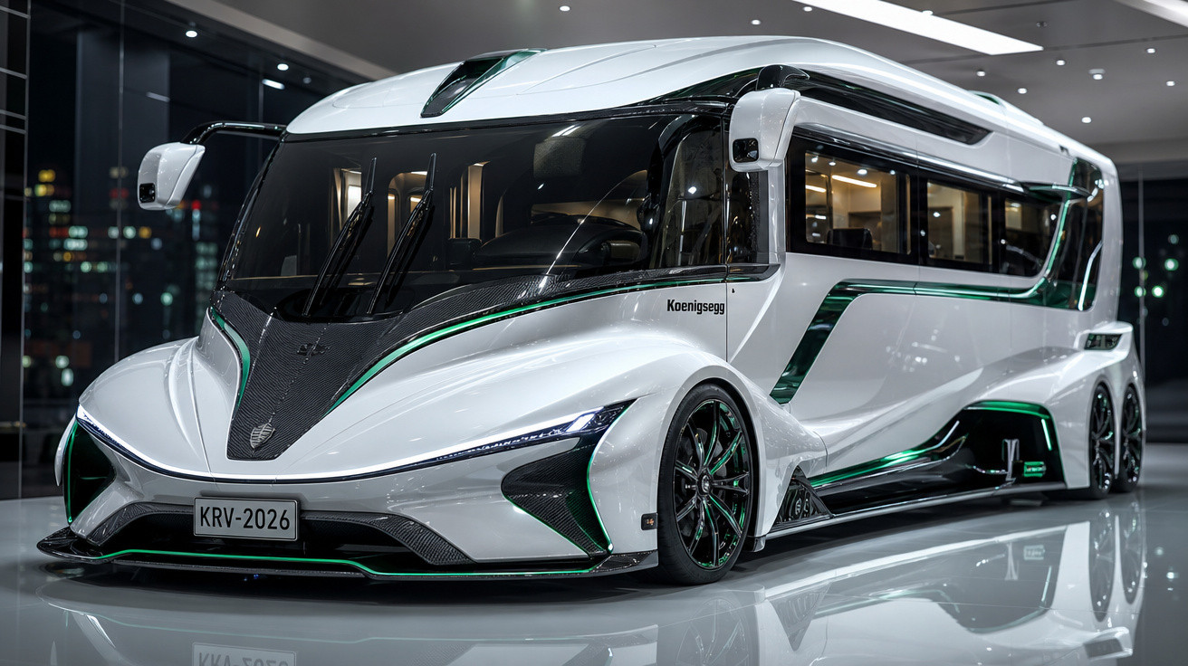Ônibus futurista branco e preto com detalhes verdes exibido em showroom iluminado.