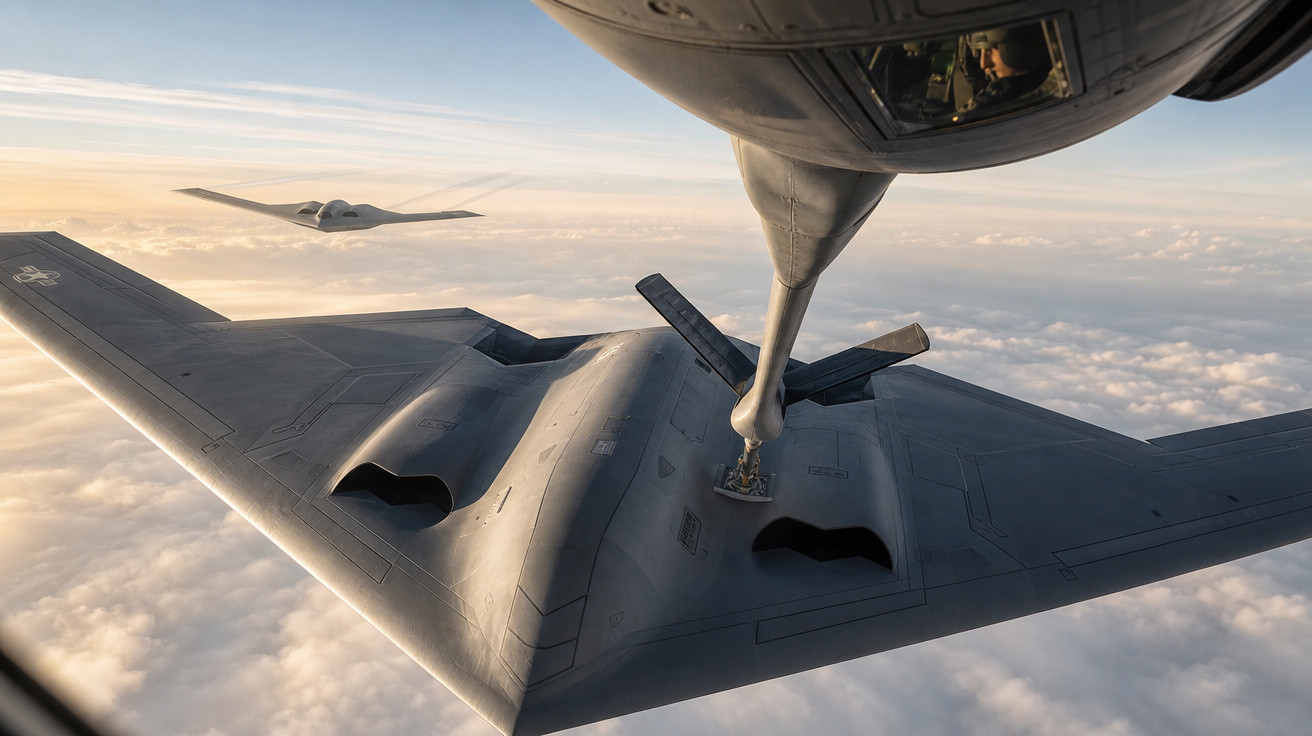 Reabastecimento em voo de bombardeiros furtivos B-2 sobre nuvens ao pôr do sol.