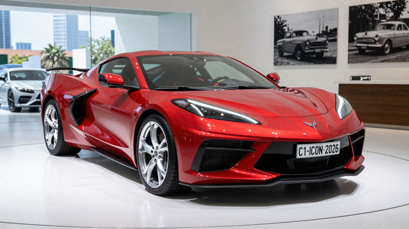 Carro esportivo vermelho Chevrolet Corvette exibido em salão de automóveis moderno com parede branca e fotos vintage.