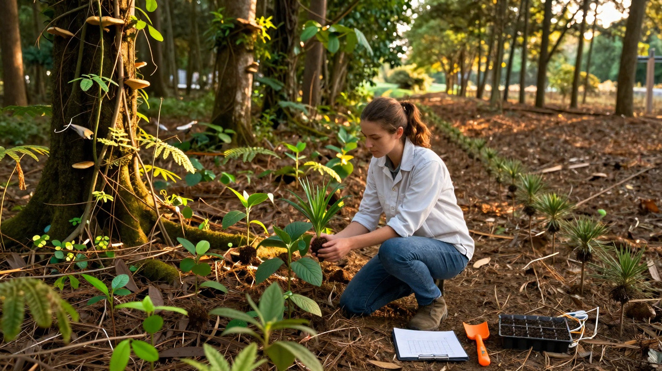 Mulher agachada plantando muda em área florestal com sol da tarde, clipboard e ferramentas ao lado.