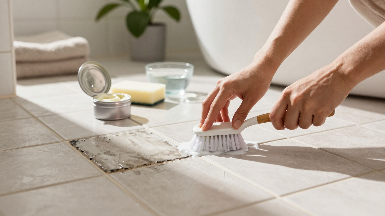 Mãos usando escova para limpar rejunte sujo em piso cerâmico com produtos de limpeza ao fundo.