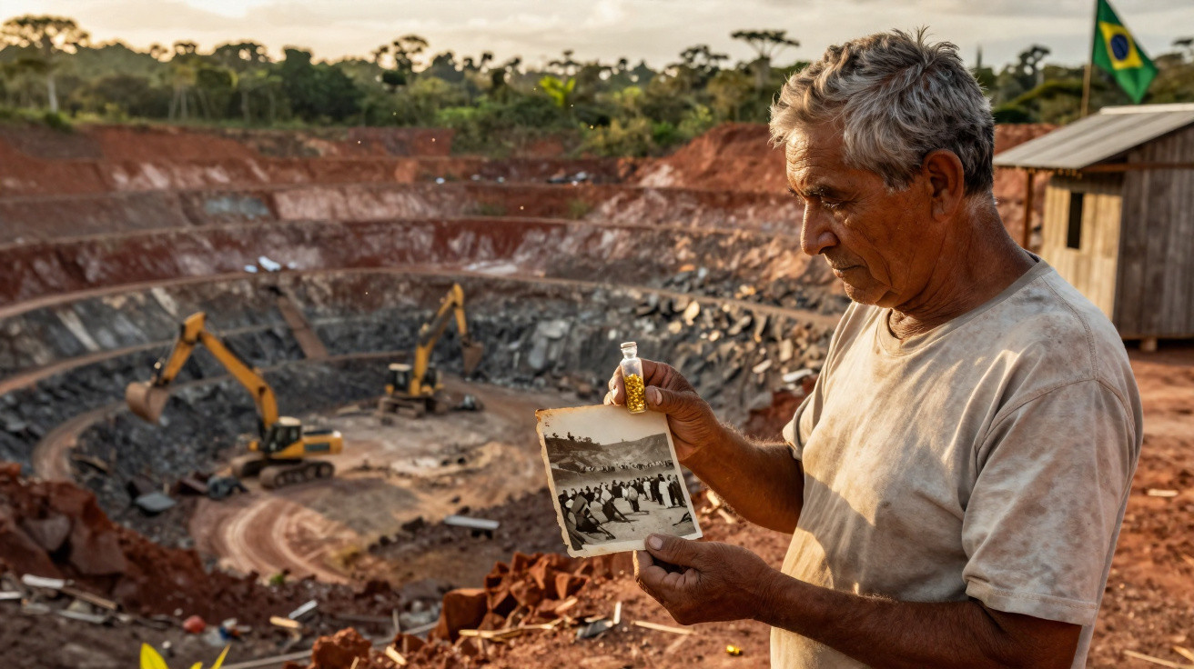 Homem idoso em mineração com retrato antigo e frasco contendo ouro, escavadeiras ao fundo e bandeira do Brasil.