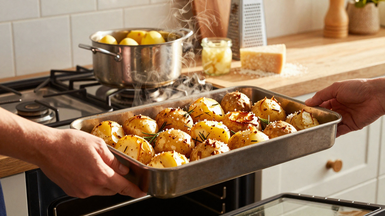 Duas pessoas seguram uma forma com batatas assadas com ervas, saindo vapor quente do forno.