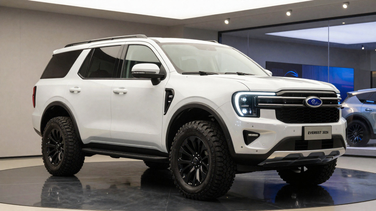 SUV branco Ford Everest 2024 com rodas pretas e pneus off-road em exposição interna.