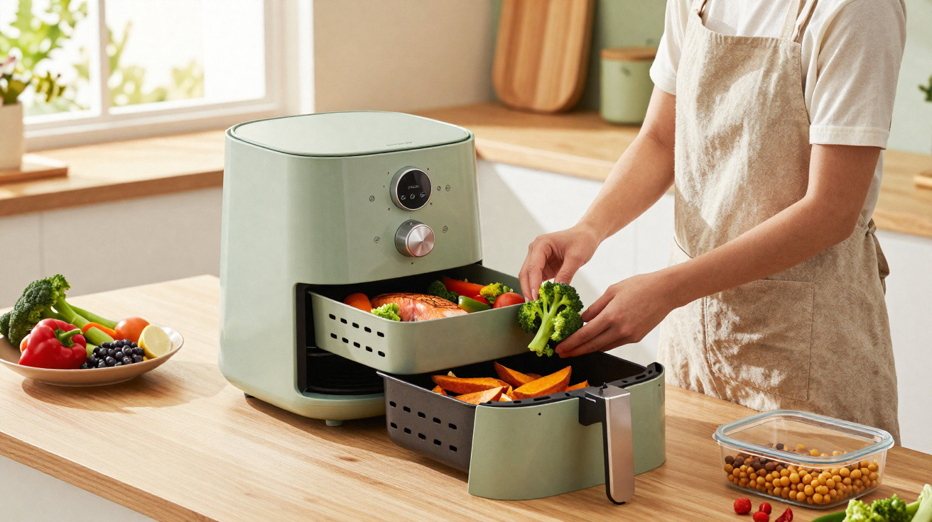 Pessoa colocando brócolis em airfryer verde com salmão e legumes em cozinha clara.