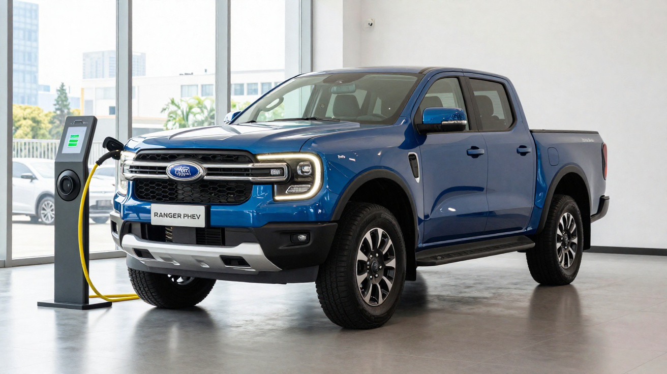 Picape Ford Ranger PHEV azul carregando em estação de energia elétrica em ambiente interno.