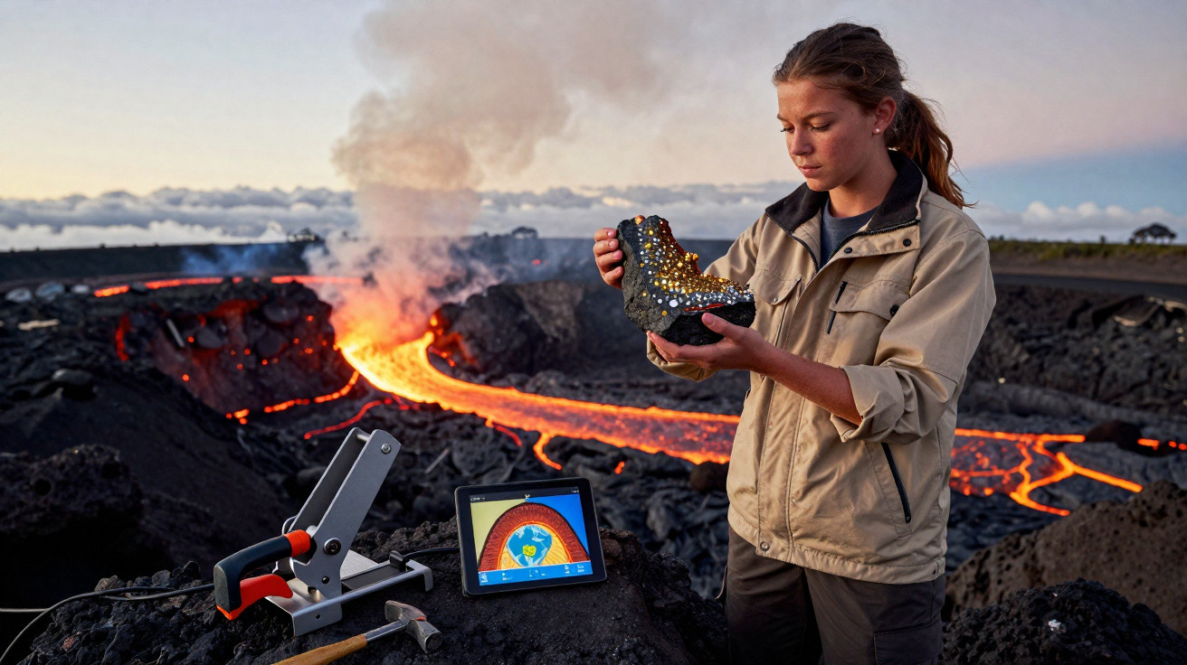 Mulher segurando rocha vulcânica perto de lava fluindo, com equipamentos de pesquisa geológica ao redor.