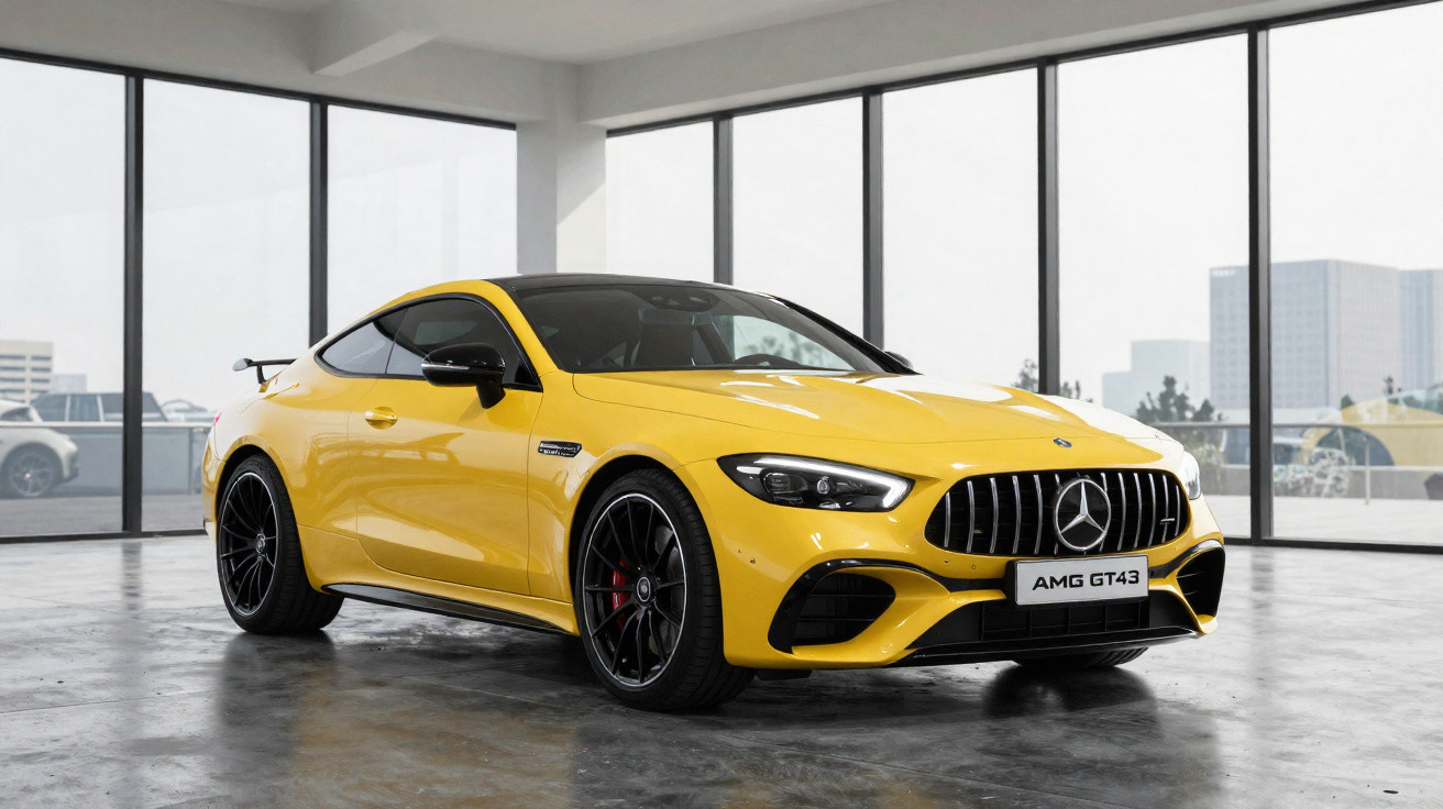 Carro esportivo Mercedes AMG GT43 amarelo estacionado em ambiente interno com paredes de vidro.
