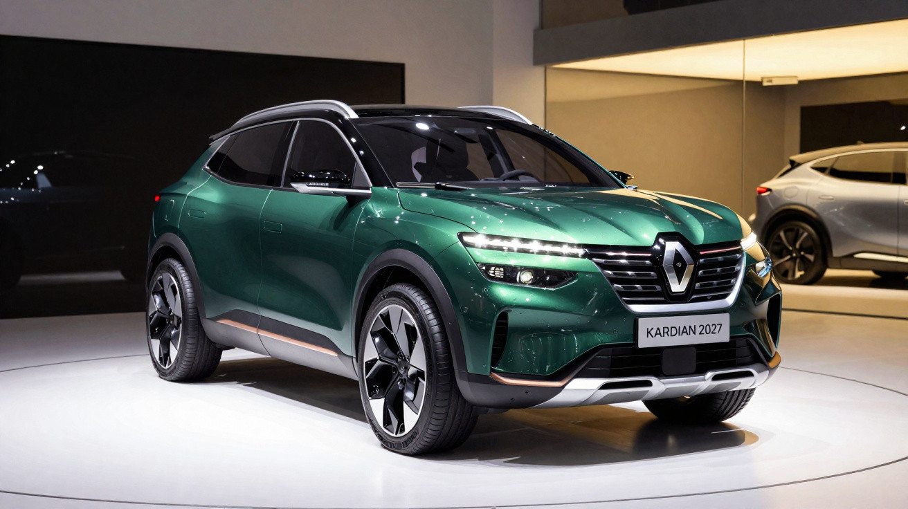 Carro SUV Renault Kardian 2027 na cor verde em exposição, com design moderno e faróis LEDs.