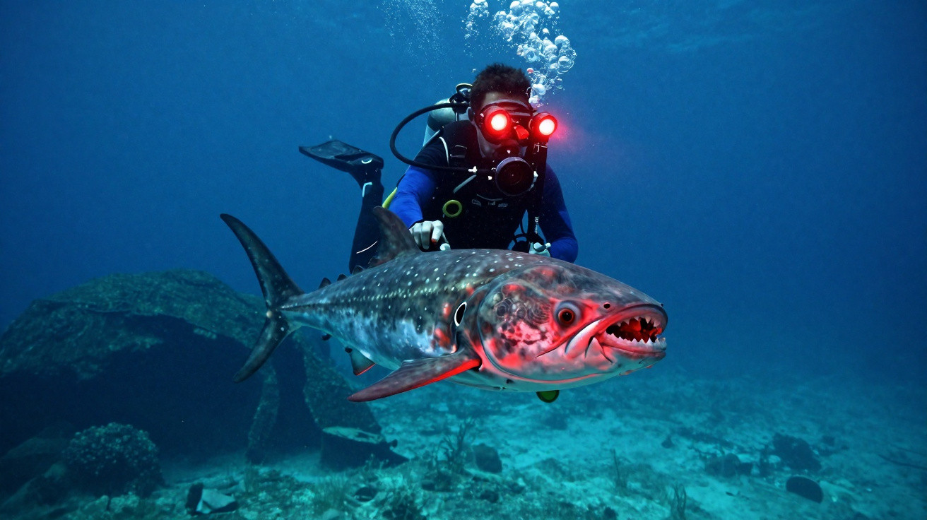 Mergulhador com luzes vermelhas na máscara perto de grande peixe predador no fundo do oceano.