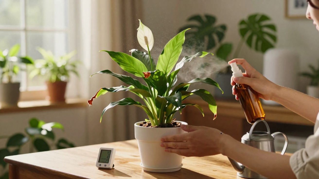 Pessoa borrifando água em planta com flores brancas em vaso branco sobre mesa de madeira.