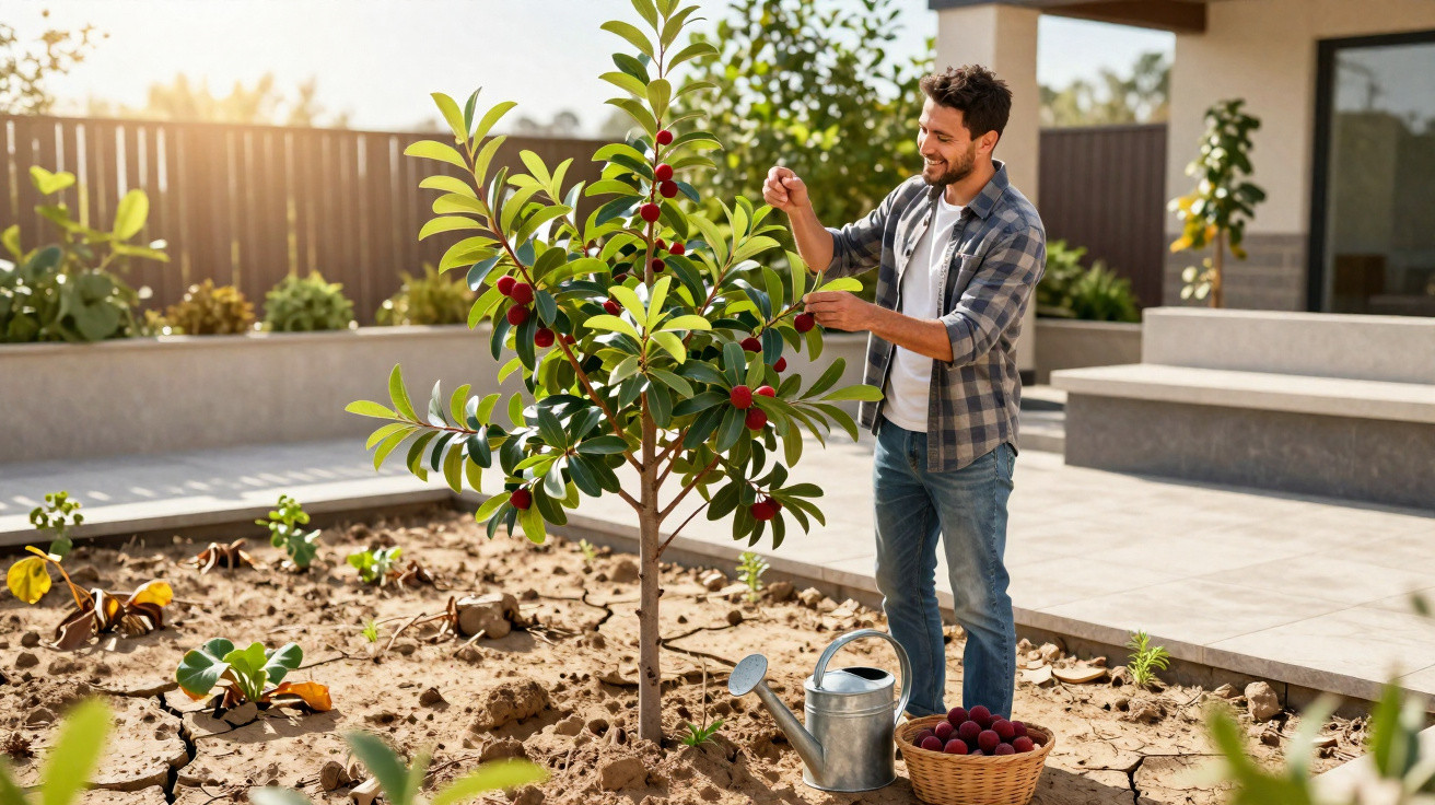 Homem colhendo frutas vermelhas em árvore no jardim de casa durante o dia ensolarado.