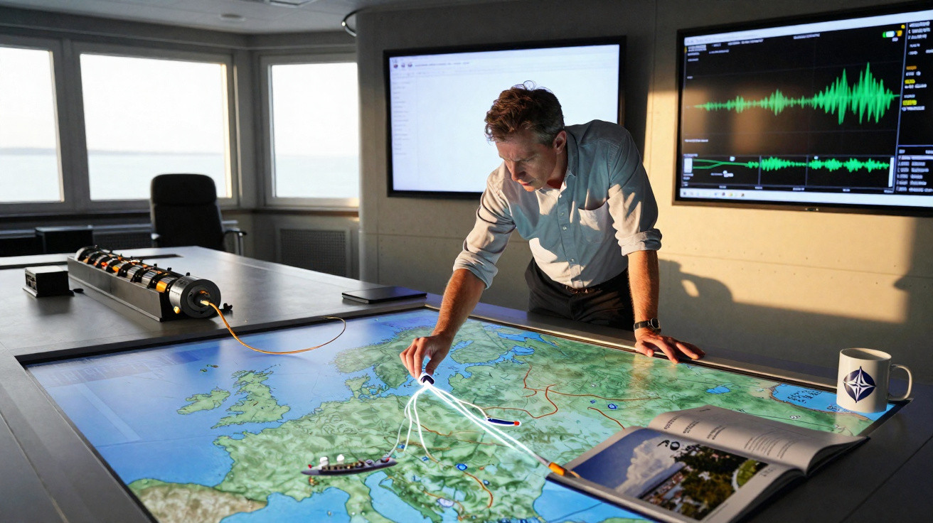 Homem em sala de comando interage com mapa digital de estratégia militar na Europa.
