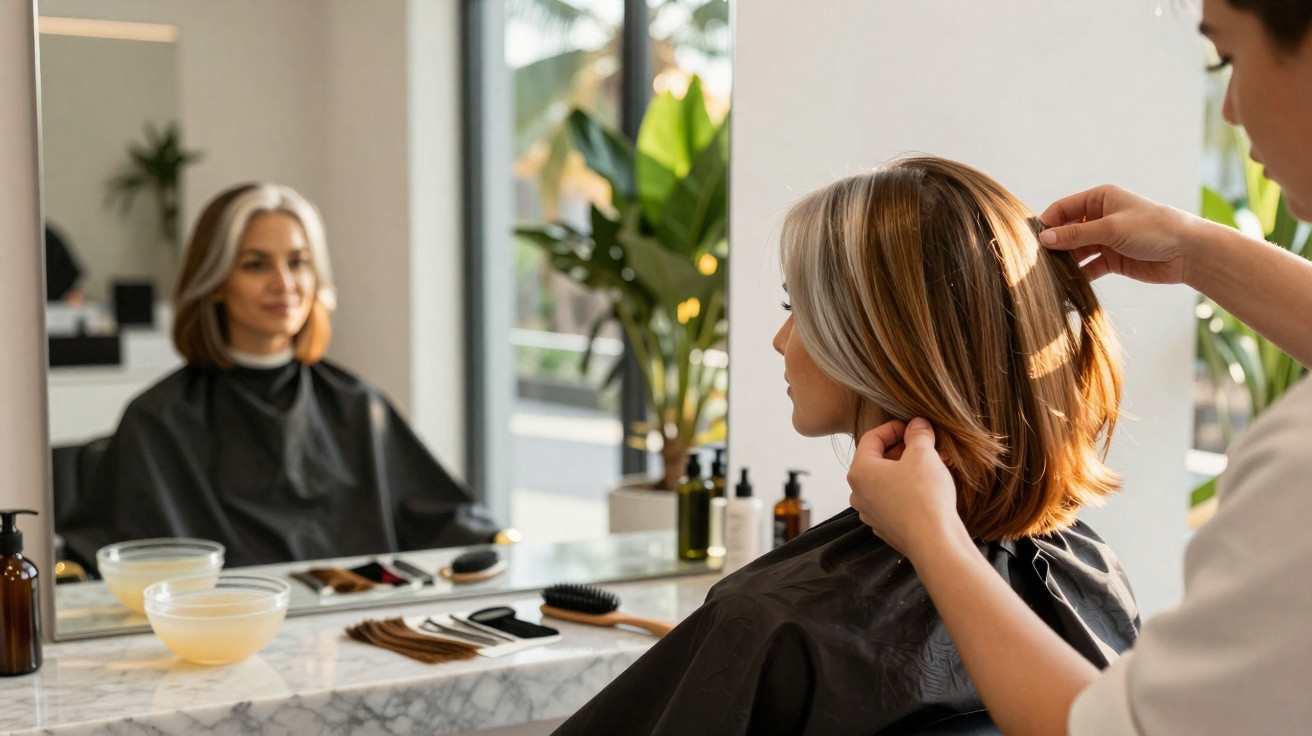 Mulher com capa de salão de beleza tendo o cabelo penteado por um cabeleireiro em frente ao espelho.