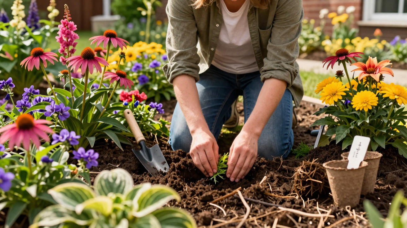 Pessoa plantando muda em jardim florido com flores coloridas e ferramenta de jardinagem ao lado.