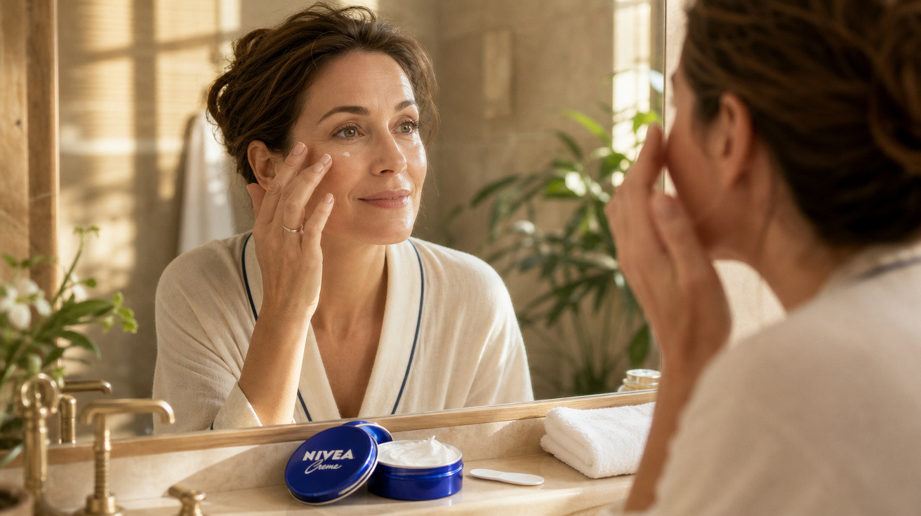 Mulher aplicando creme facial Nivea na pele em frente ao espelho no banheiro.