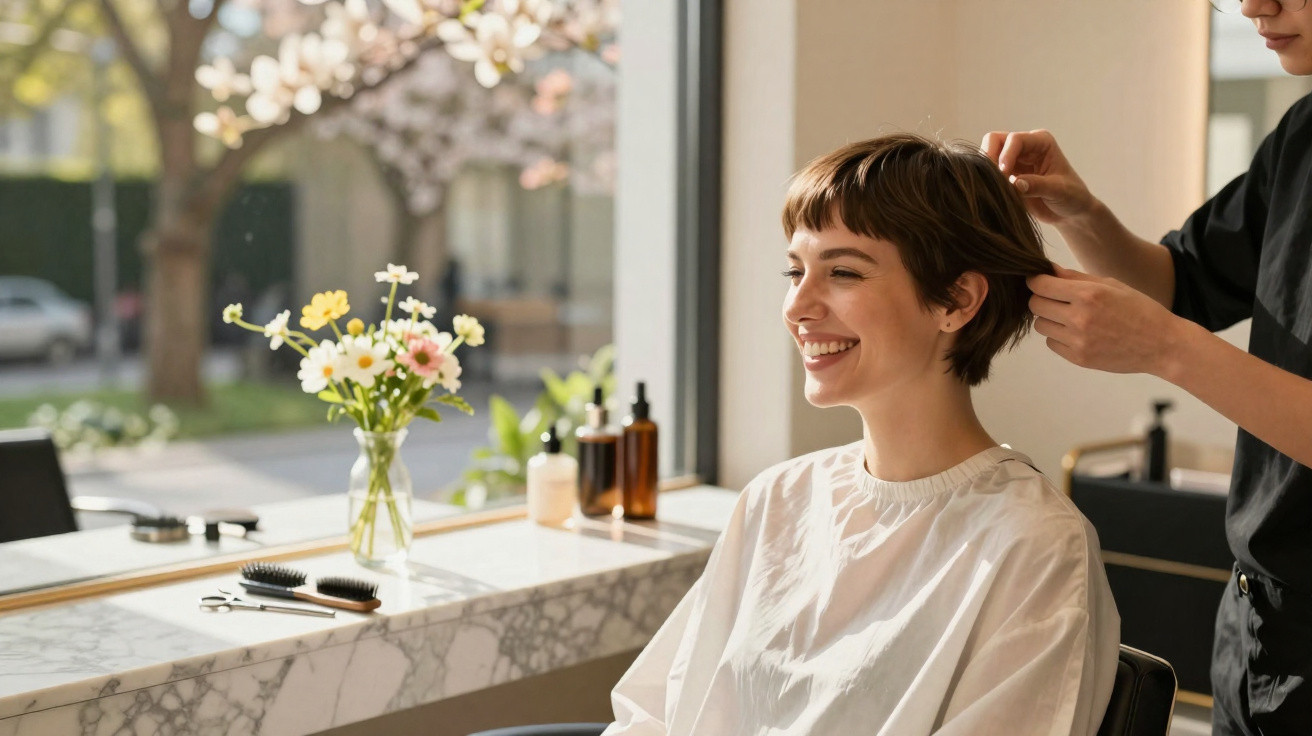 Mulher sorridente recebendo corte de cabelo em salão moderno com vaso de flores na janela.