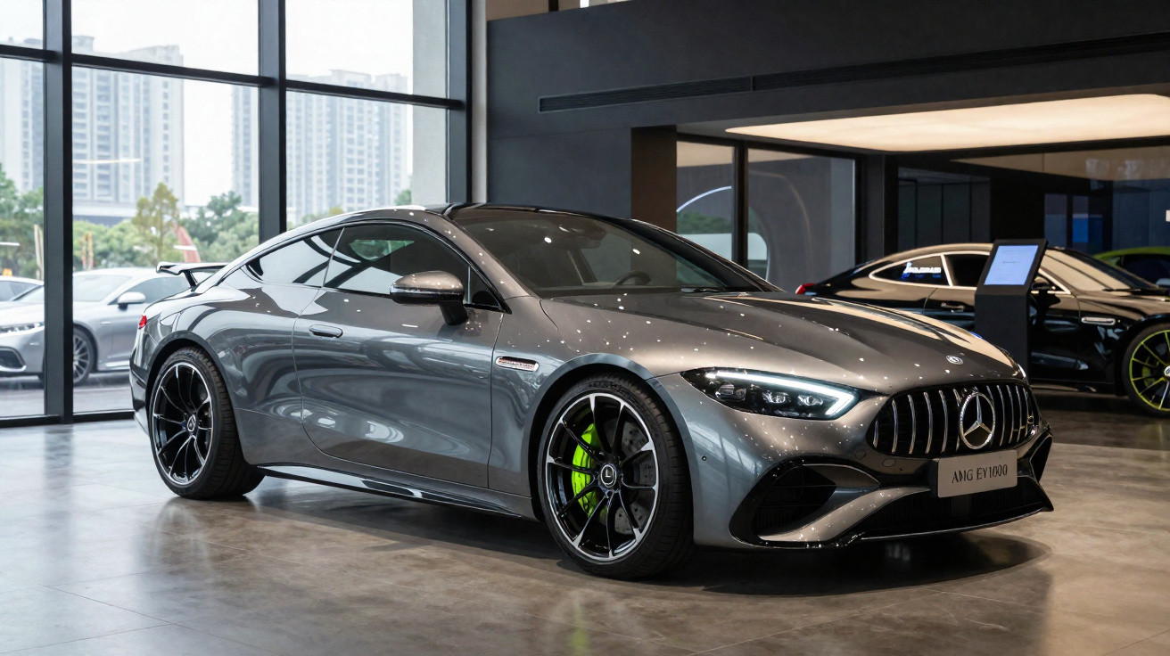 Carro esportivo Mercedes-Benz cinza com detalhes verdes exibido em showroom moderno com carros ao fundo.