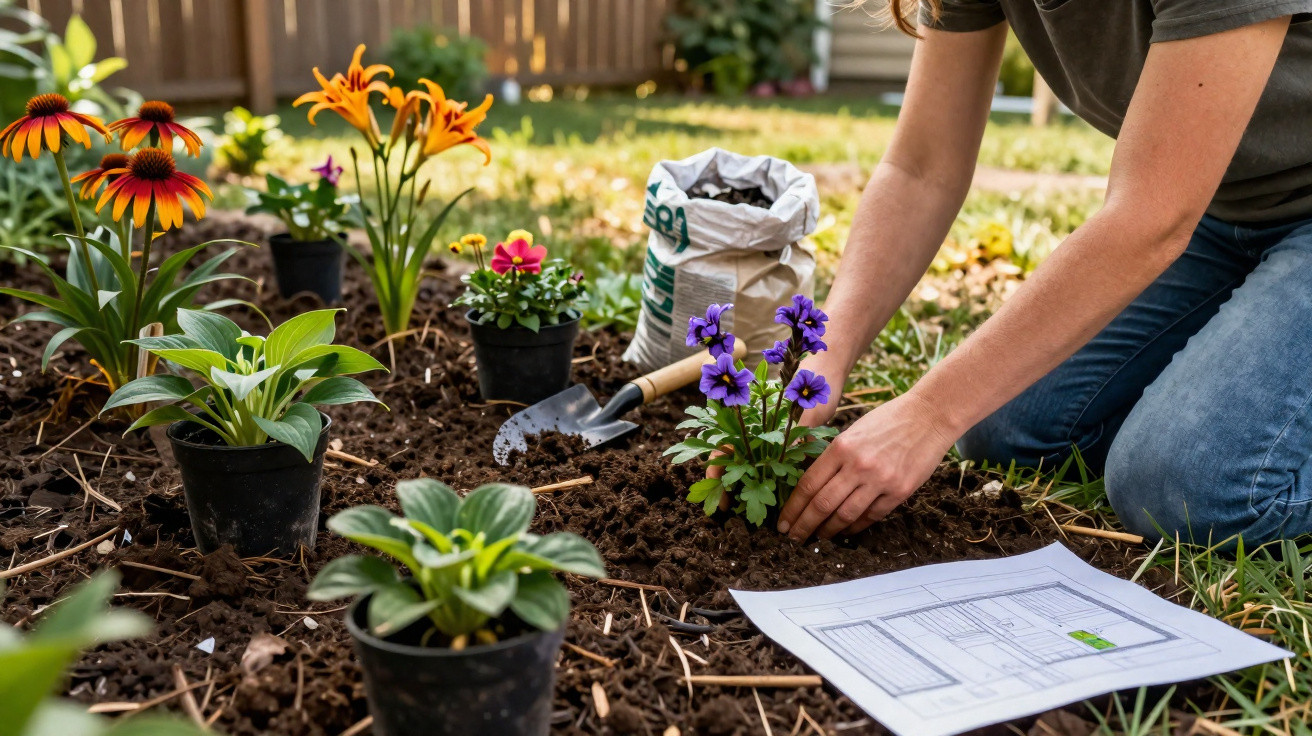 Pessoa plantando flores roxas em um jardim com várias plantas e um plano no chão.