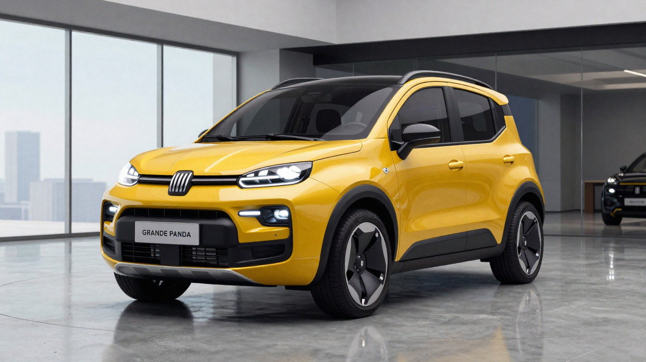 Carro compacto Fiat Grande Panda amarelo estacionado em ambiente interno moderno com piso cinza.