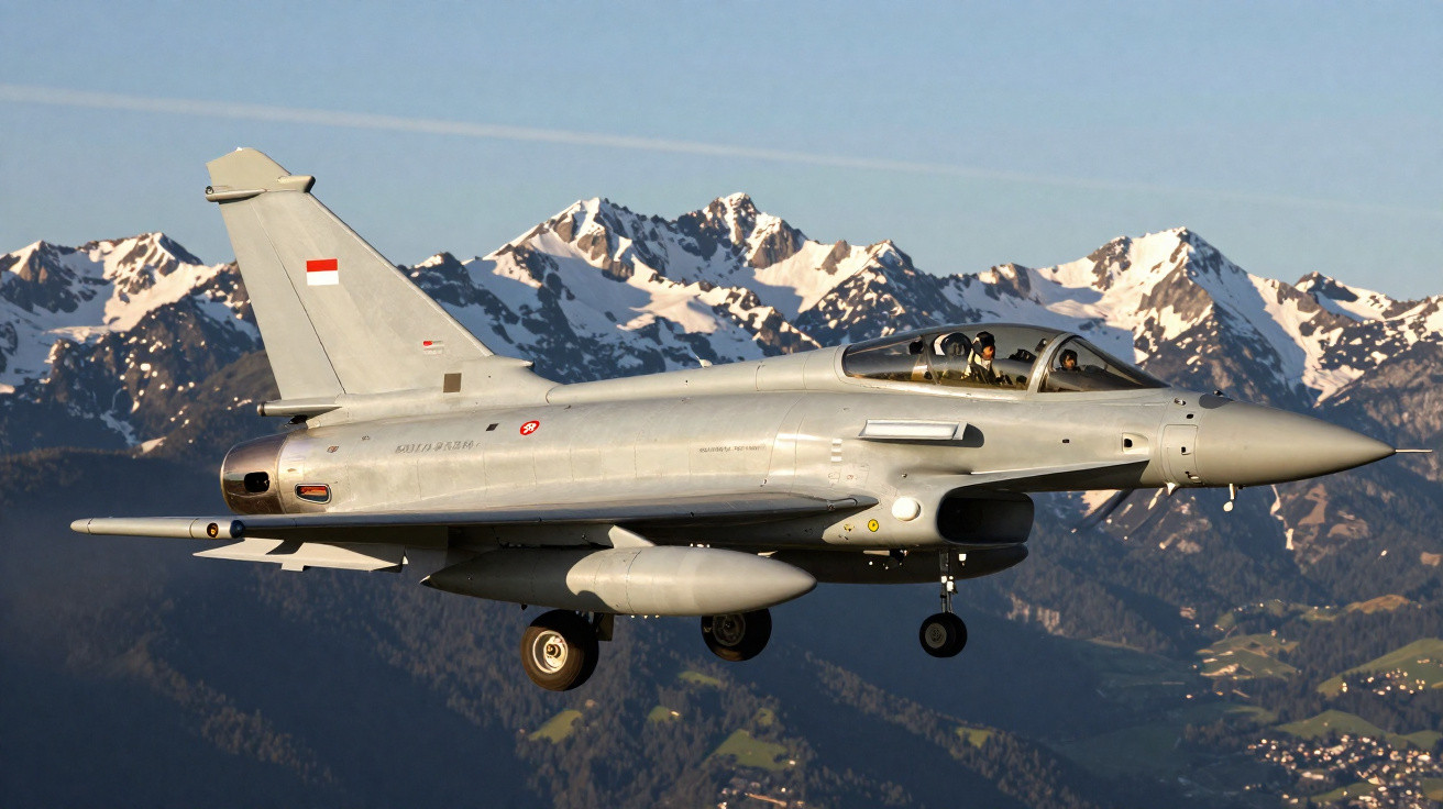 Avião militar de caça cinza voando com pilotos visíveis contra montanhas nevadas ao fundo.