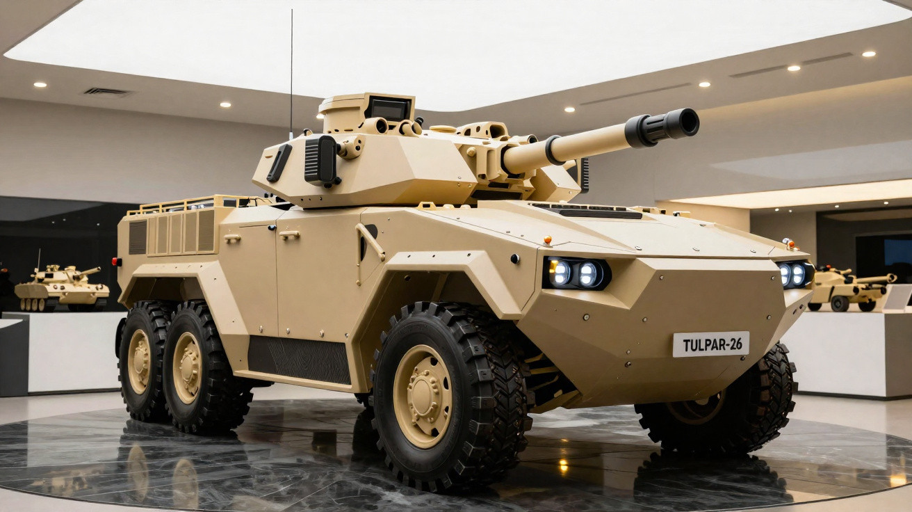 Veículo blindado militar 6x6 cor bege exposto em ambiente interno moderno.