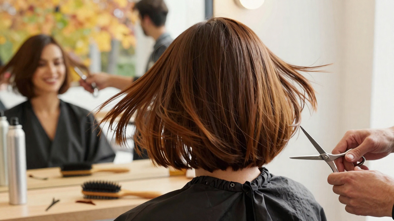 Mulher com cabelo curto sendo cortada em salão de beleza, com profissional segurando tesoura.