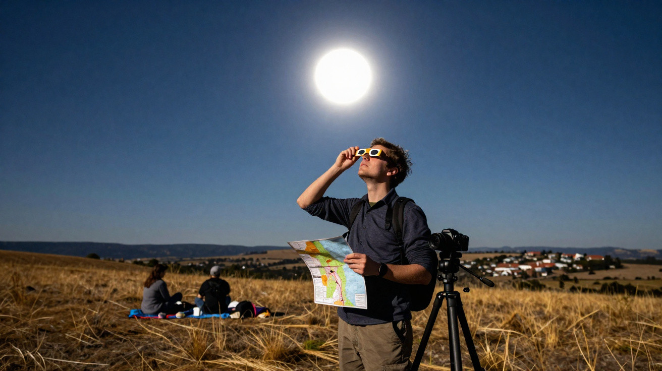Homem com óculos especiais observa eclipse solar enquanto segura mapa em campo aberto com câmera em tripé.