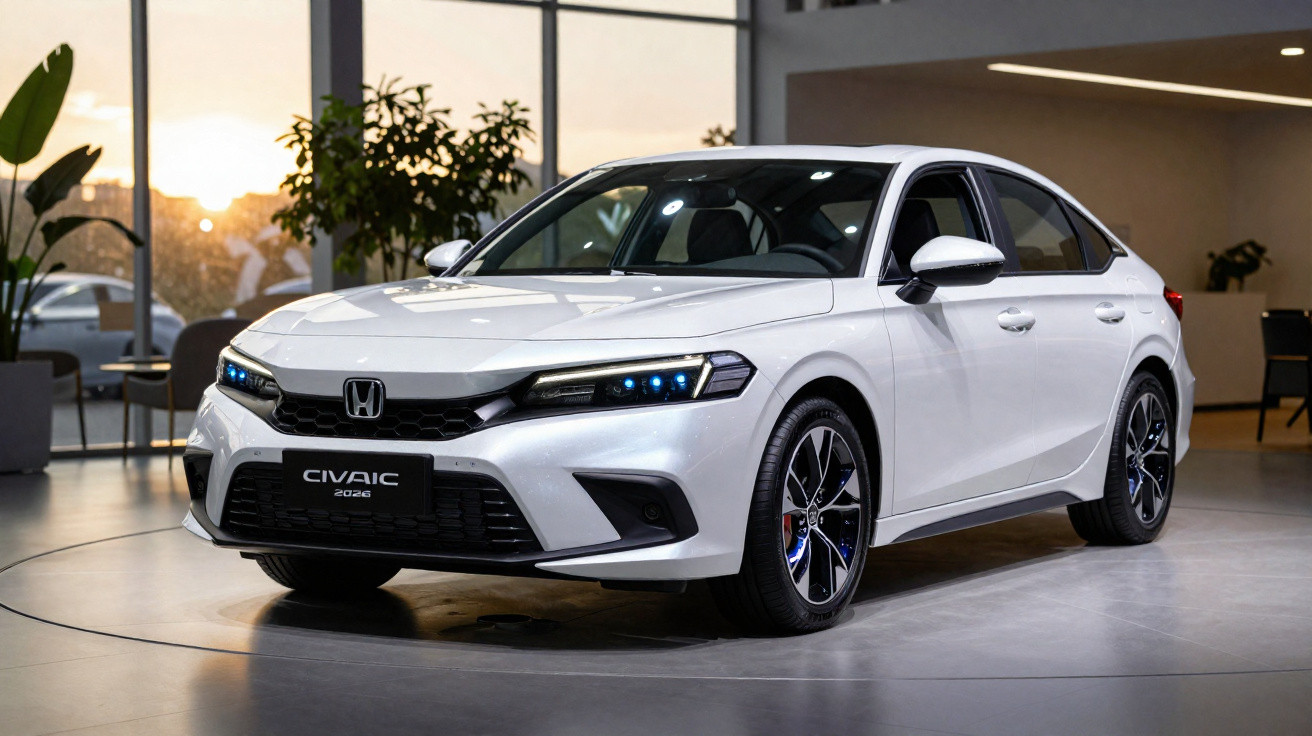 Carro branco Honda Civic 2024 exibido em showroom moderno com iluminação natural ao fundo.
