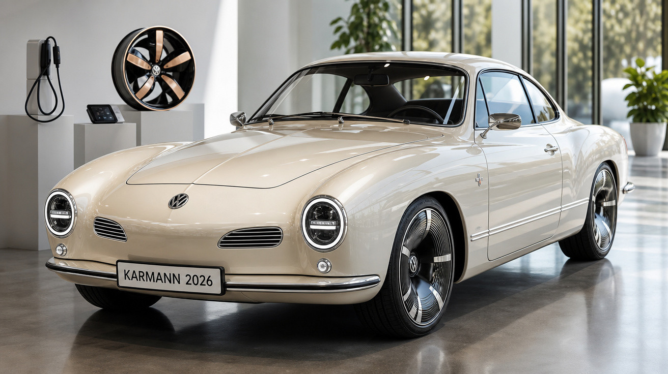 Carro clássico Volkswagen Karmann 2026 branco em exposição dentro de um showroom moderno.