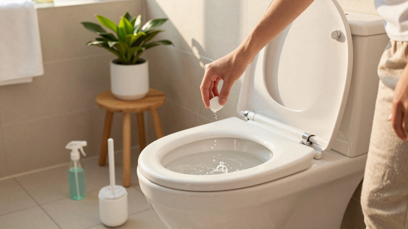 Pessoa adiciona pastilha efervescente para limpeza em vaso sanitário branco em banheiro iluminado.