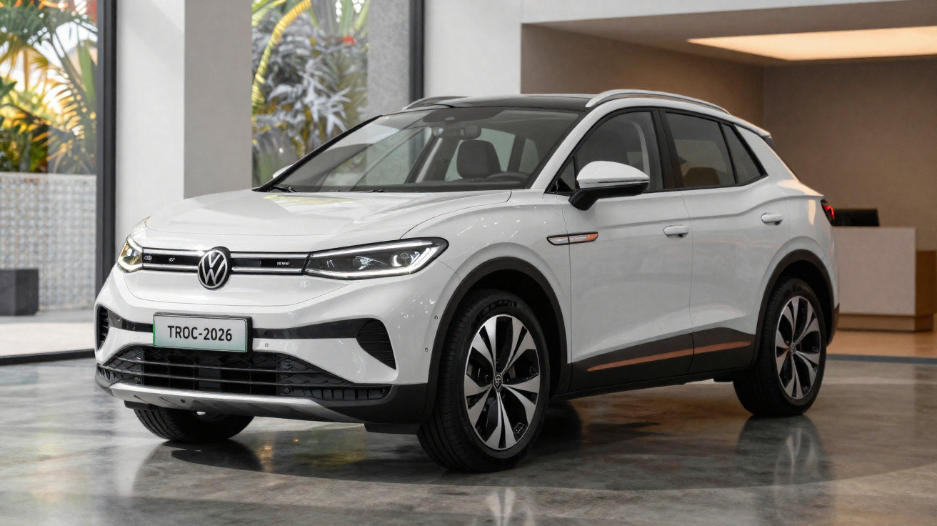 SUV Volkswagen Troc 2026 branco em ambiente interno moderno com piso refletivo.