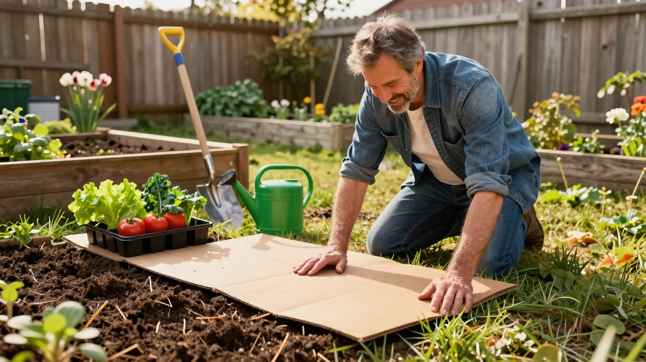Homem sorridente preparando solo com papelão para jardinagem em canteiro ao ar livre.