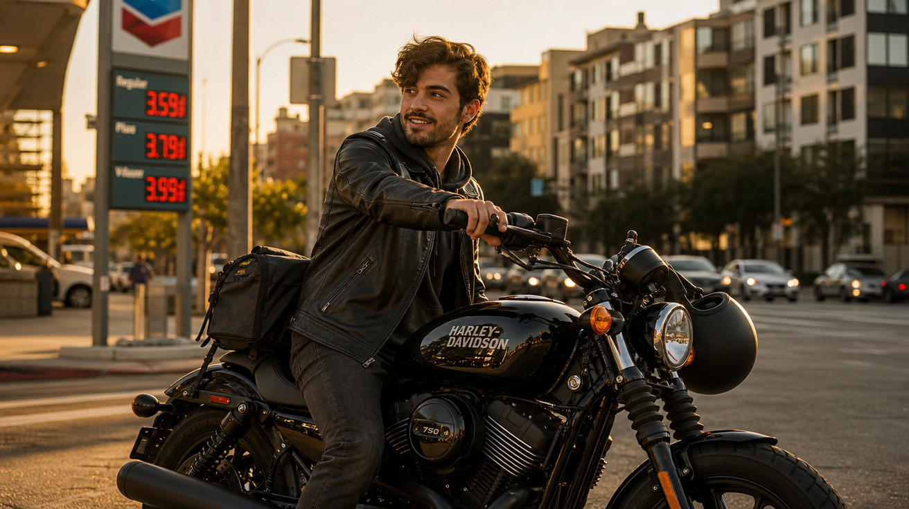 Homem sorridente de jaqueta de couro preta em moto Harley-Davidson preta em rua urbana ao entardecer.