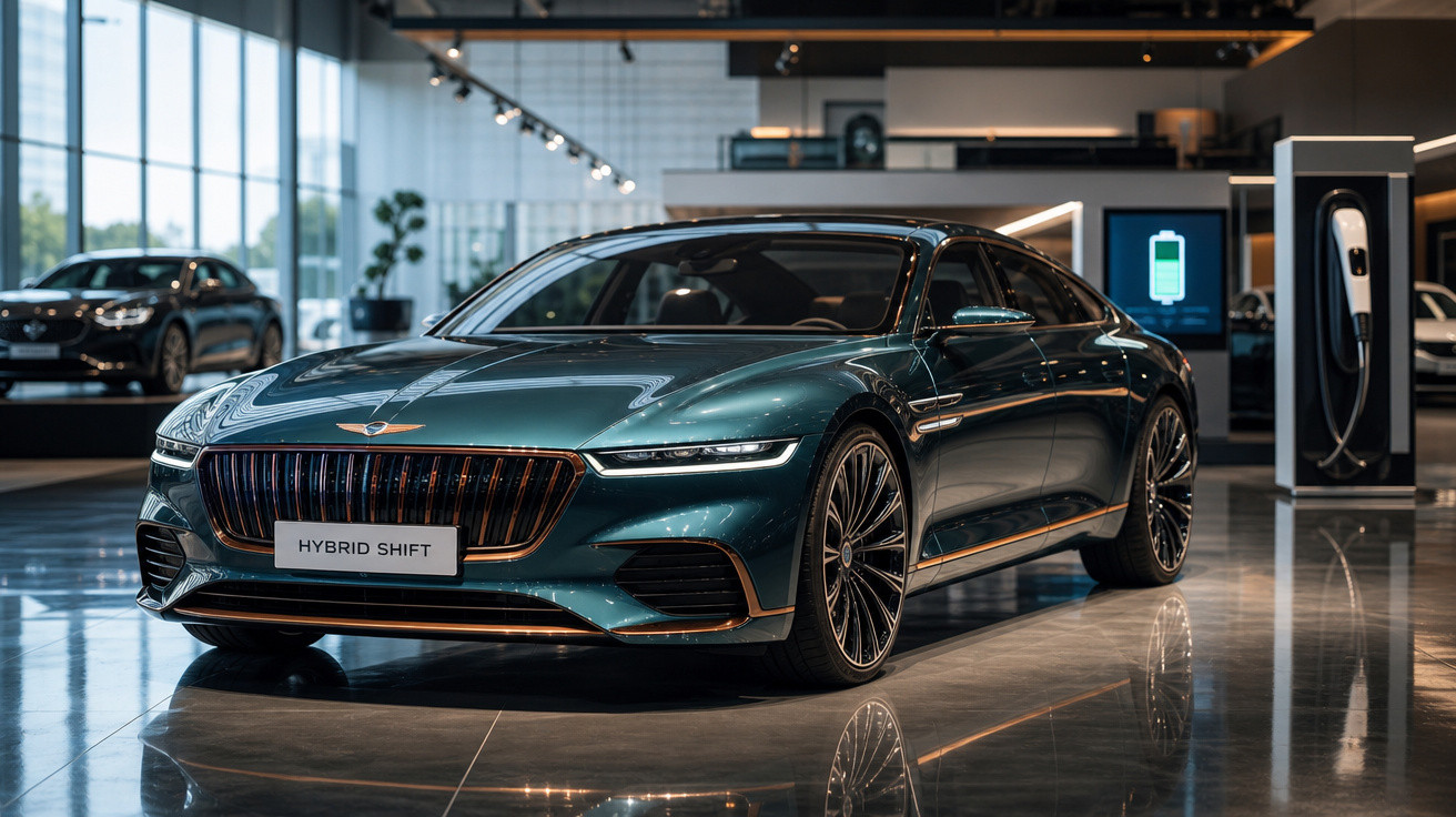 Carro híbrido esportivo verde em showroom moderno com estação de recarga elétrica.