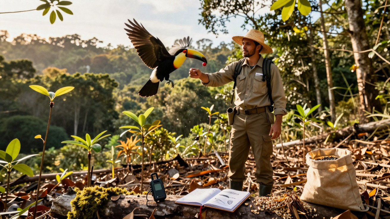 Pesquisador alimenta tucano em floresta com caderno e sacola ao redor durante o dia ensolarado.