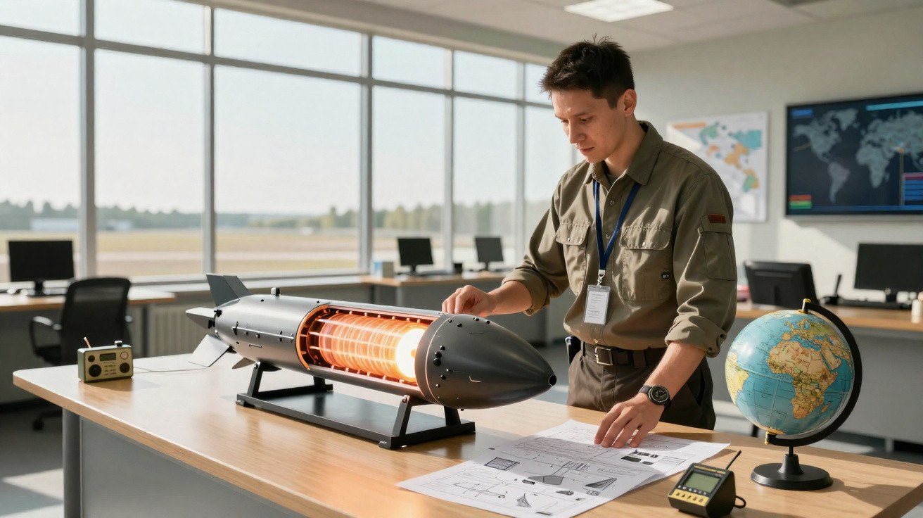 Homem analisa maquete de míssil grande em mesa de escritório com mapas e globo terrestre ao fundo.