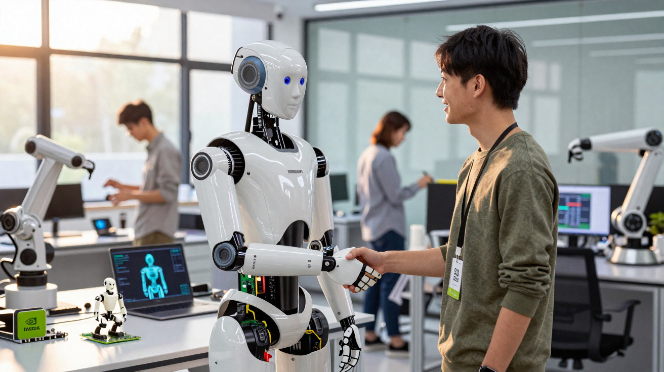 Homem apertando a mão de um robô humanoide em laboratório de tecnologia com computadores e braços robóticos.
