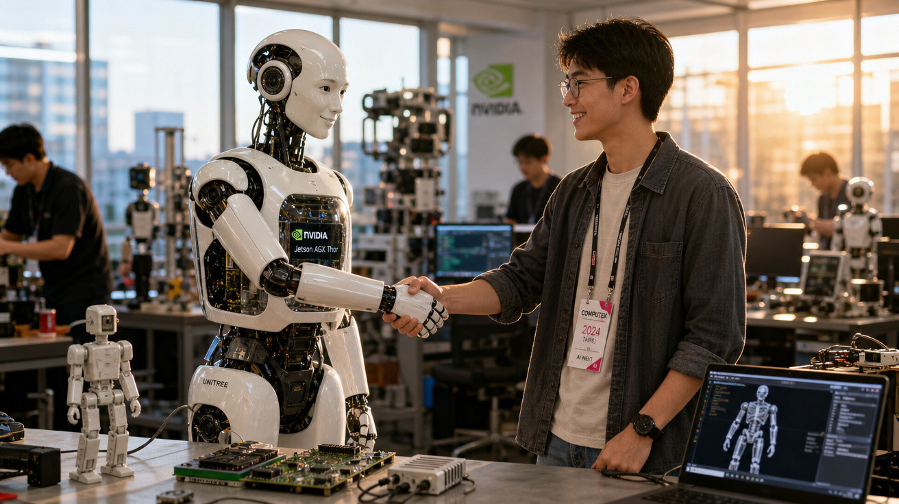 Homem e robô apertando as mãos em laboratório tecnológico com equipamentos eletrônicos ao fundo.